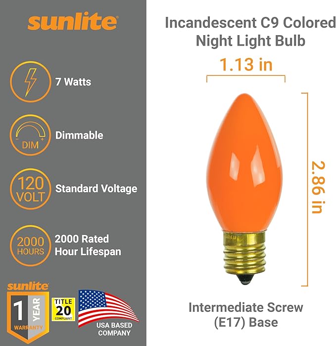 Sunlite Incandescent C9 Colored Night Light Bulb, 7 watts, 120 Volts, Intermediate E17 Screw Base, 2000 Rated Hours, Christmas-Lights Nightlight, Orange, 25 Pack