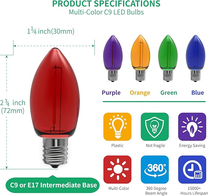 Meconard C9 Led Replacement Christmas Light Bulb, C9 Shatterproof Led Bulbs for Christmas Outdoor String Lights, E17 Intermediate Base, Commercial Grade Holiday Bulbs, Multi-Color, 25 Pack