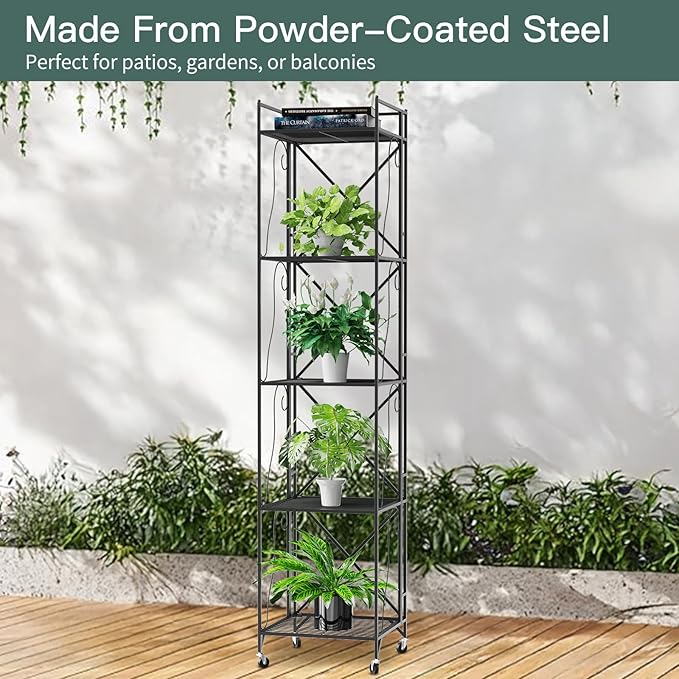 5-Tier Foldable Metal Wire Storage Shelf – No Assembly Required | 71" Tall x 16"x 16"| Space-Saving Organizer for Room, Black