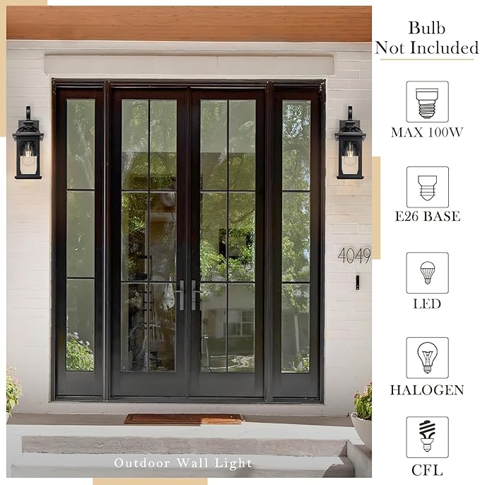 zeyu Outdoor Porch Light Wall Light Fixture, 15 Inch Exterior Wall Lighting for House, Die-Cast Aluminum with Seeded Glass, Black Finish, ZD100B BK