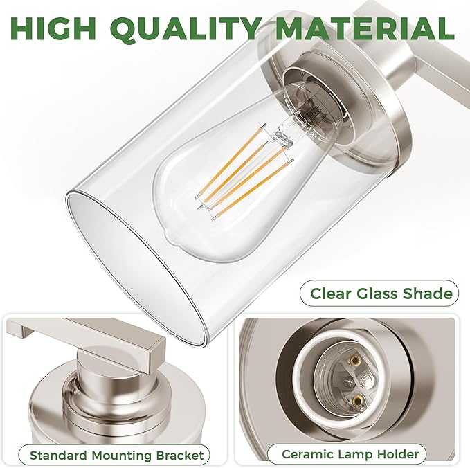 DORESshop 4-Light Vanity Light Fixtures, Nickel Bathroom Light Fixtures Over Mirror with Clear Glass Shade, Modern Vanity Lights for Living Room Bedroom
