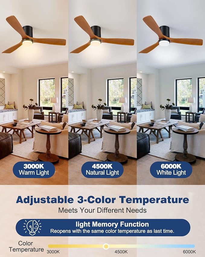 60 Inch Ceiling Fans with Lights Remote, 60" Flush Mount Outdoor Ceiling Fan Exterior Ceiling Fan, 3 Wood Blades, 6 Speeds, Timer, Quiet DC Motor Modern Low Profile Fans for Patio Porch