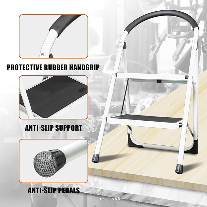 2 Step Ladder, Folding Lightweight Step Stool with Wide Anti-Slip Pedal for Home, Office, Kitchen and Garage, Service Height 18.5 inch, 400 lbs Capacity