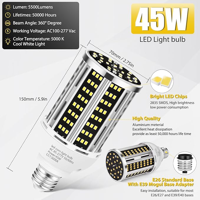 45W 6 pack LED Corn Light Bulb,400W Equivalent 5000K Commercial Grade Daylight E26/E39 6000LM Medium Mogul Base LED Lamp,Large Area Lights For Outdoor Indoor Garage Warehouse street Factory Bay Light