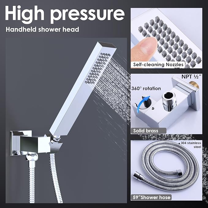 Enga Shower Body Jet System 12 Inch Ceiling Mounted Rainfall Shower Head with 6 Body Sprays and Handshower, Brass Shower Faucet Rough-in Mixer Valve, Chrome