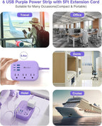 6 USB(3 USB C) Purple Travel Power Strip- 5Ft Purple Extension Cord with USB Charging Station 24W and 3 Outlets, Pink Desk Accessories for Cruise Travel Cute Kawaii Lavender Home Office Dorm Room