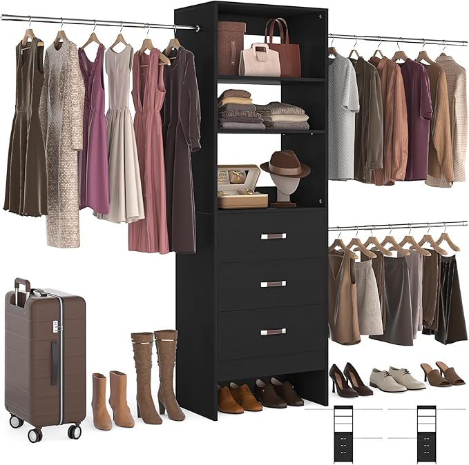 Homieasy 96 Inches Closet Organizer System, 8FT Customizable Walk In Closet Organizer with Hanging Rods, 3 Drawers Garment Rack with Leather Handle , 96" L x 16" W x 75" H, Max Load 1000 LBS, Black