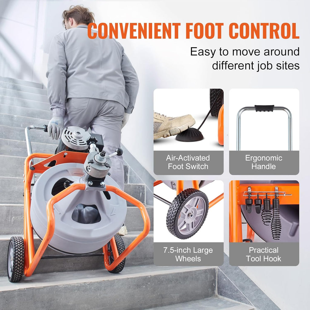VEVOR Drain Cleaner Machine 100FT x 1/2 Inch, Auto Feed Sewer Snake Drain Auger on Wheels, Portable Drain Cleaning Machine with 8 Cutters & Air-activated Foot Switch for 2" to 4" Pipes