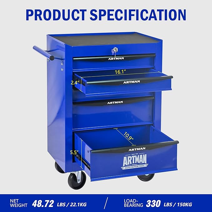 5 Drawers Rolling Tool Box on Wheels, Multifunctional Tool Chest Cabinet with Lock, Drawers Rolling Tool Cart Trolley Organizer Tool Storage Case for Warehouse,Garage,Workshop (Blue)