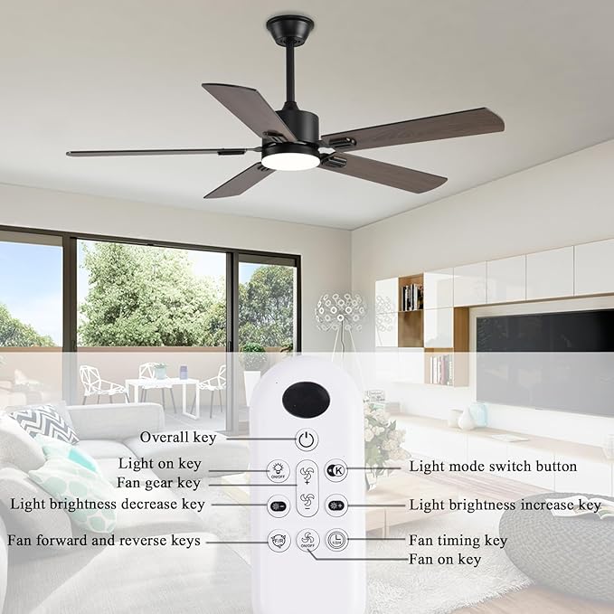 52 inch Modern Ceiling Fans with Lights APP/Remote Control, Low Profile Reversible 6 Speeds Dimmable Ceiling Fan Light for Indoor/Outdoor Bedroom Living Room（Brown）