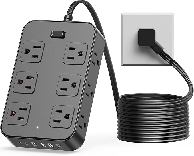 Flat Plug Power Strip Surge Protector with 12 AC Outlets 6 USB Ports 3 Side Multi Plug Outlet Extender 10 Ft Extension Cord for Home Office Kitchen Dorm Wall Desk Charging Station ETL Listed