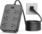 Flat Plug Power Strip Surge Protector with 12 AC Outlets 6 USB Ports 3 Side Multi Plug Outlet Extender 10 Ft Extension Cord for Home Office Kitchen Dorm Wall Desk Charging Station ETL Listed