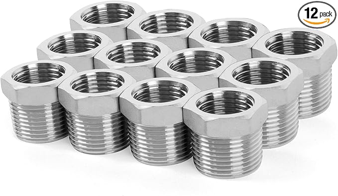 ChillWaves 304 Stainless Steel Pipe Fitting, Reducer Hex Bushing 1/4" NPT Male x 1/8" NPT Female Thread Adapter(12-PACK)
