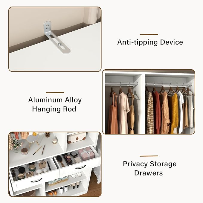 Closet System with 2 Drawers, 55” Wood Closets Organizer and Storage with 2 Hanging Rods, Walk-In Closets System, Clothes Rack with 10 Shelves, White Closet Shelves System Large Wardrobe for Bedroom