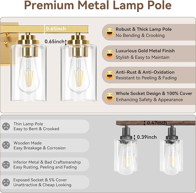 5-Light Gold Bathroom Light Fixtures, 31" Modern Vanity Lights Over Mirror with Clear Glass Shades,Brushed Gold Wall Light Fixture for Bathroom Mirror Bedroom Porch, Hardwired Wall Sconces