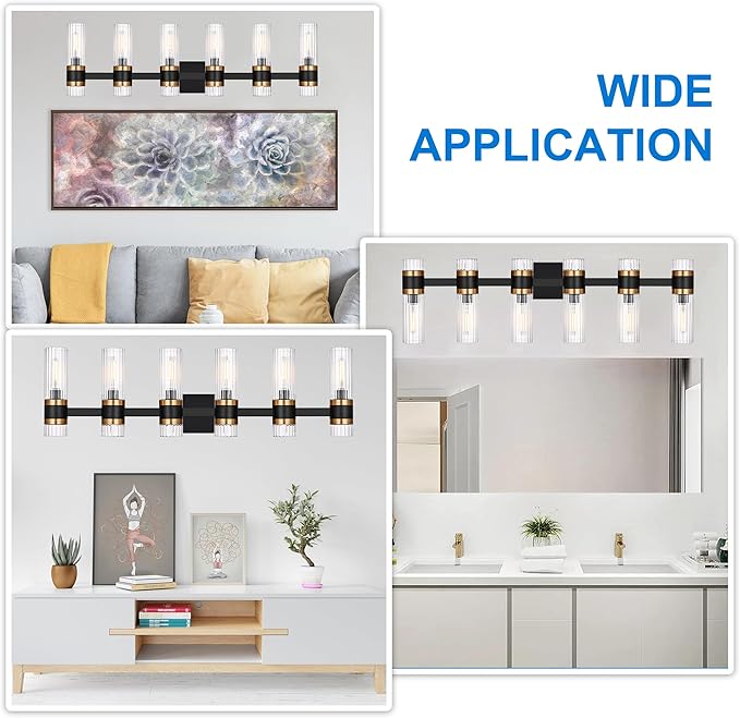 MELUCEE 6 Lights Bathroom Lighting Fixtures Over Mirror, Farmhouse Vanity Lights Matte Black Finish with Ribbed Clear Glass Shade, Metal Wall Mount Light for Bath Kitchen Living Room, E12 Base