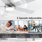 52 Inch Brushed Nickel Ceiling Fans with Lights and Remote,LED Low Profile Flush Mount Ceiling Fan for Bedroom, Living Room,Patio,Quiet DC Motor,5 Blades