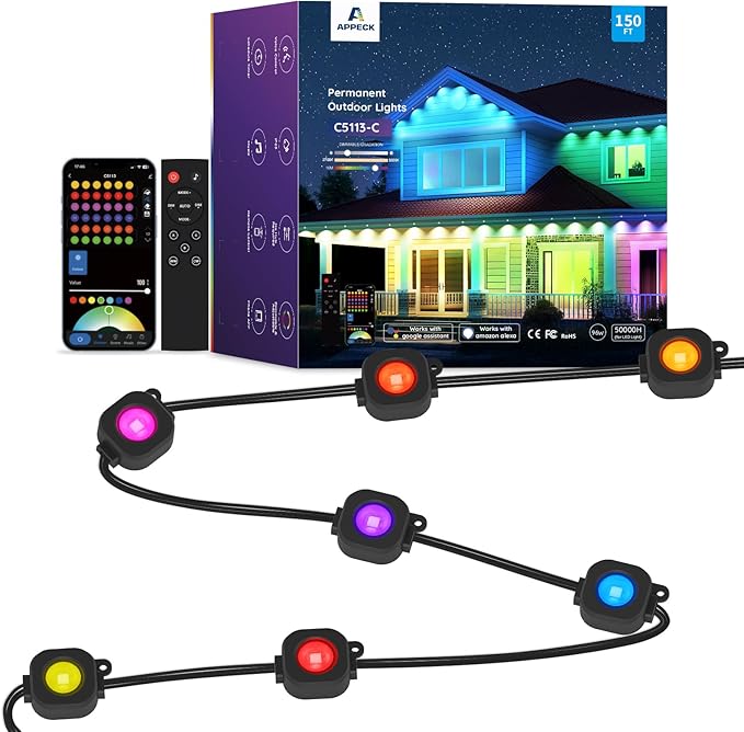 Permanent Outdoor Lights 150ft,RGBW Eaves Light with 108 LED Lights,111+ Scenes Modes Outdoor Lighting, Waterproof Permanent Light for Daily Holiday Halloween Decorations, Works with Alexa,Black