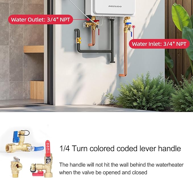 MIZUDO 3/4''NPT Tankless Water Heater Service Valve Kit, with 150 PSI Pressure Relief Valve, Hot and Cold Isolator Valve