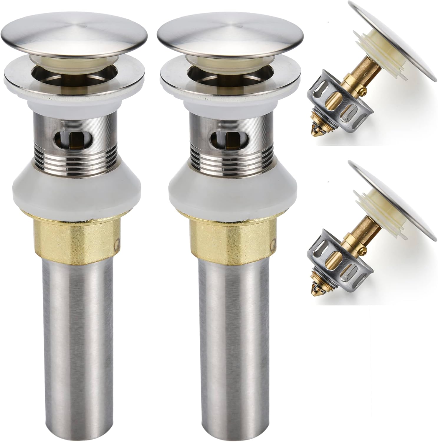 Bathroom Sink Drain,2 Pack Drain Stopper Bathroom Sink with Overflow,Pop Up Drain Assembly with Detachable Strainer Basket,Built-in Anti-Clogging Strainer,Stainless Steel Brushed Nickel