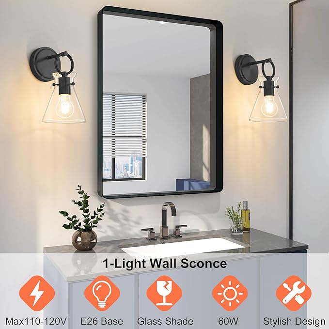 Wall Sconce for Bathroom Modern Vanity Light Fixtures Hardwired Wall Mount Lighting Lamp Farmhouse Wall Lights with 6" Clear Glass Shade for Bedroom Living Room Mirror Kitchen (Black, 1 Pack)
