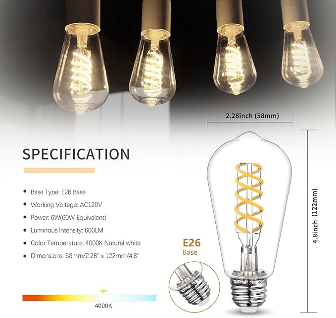 6 PCS Dimmable Vintage LED Edison Bulbs, 6W Equivalent 60 Watt, Natural White 4000K, Antique Flexible Spiral LED Filament Light Bulb, ST58 (ST19), 600 Lumens, E26 Base, Clear Plastic