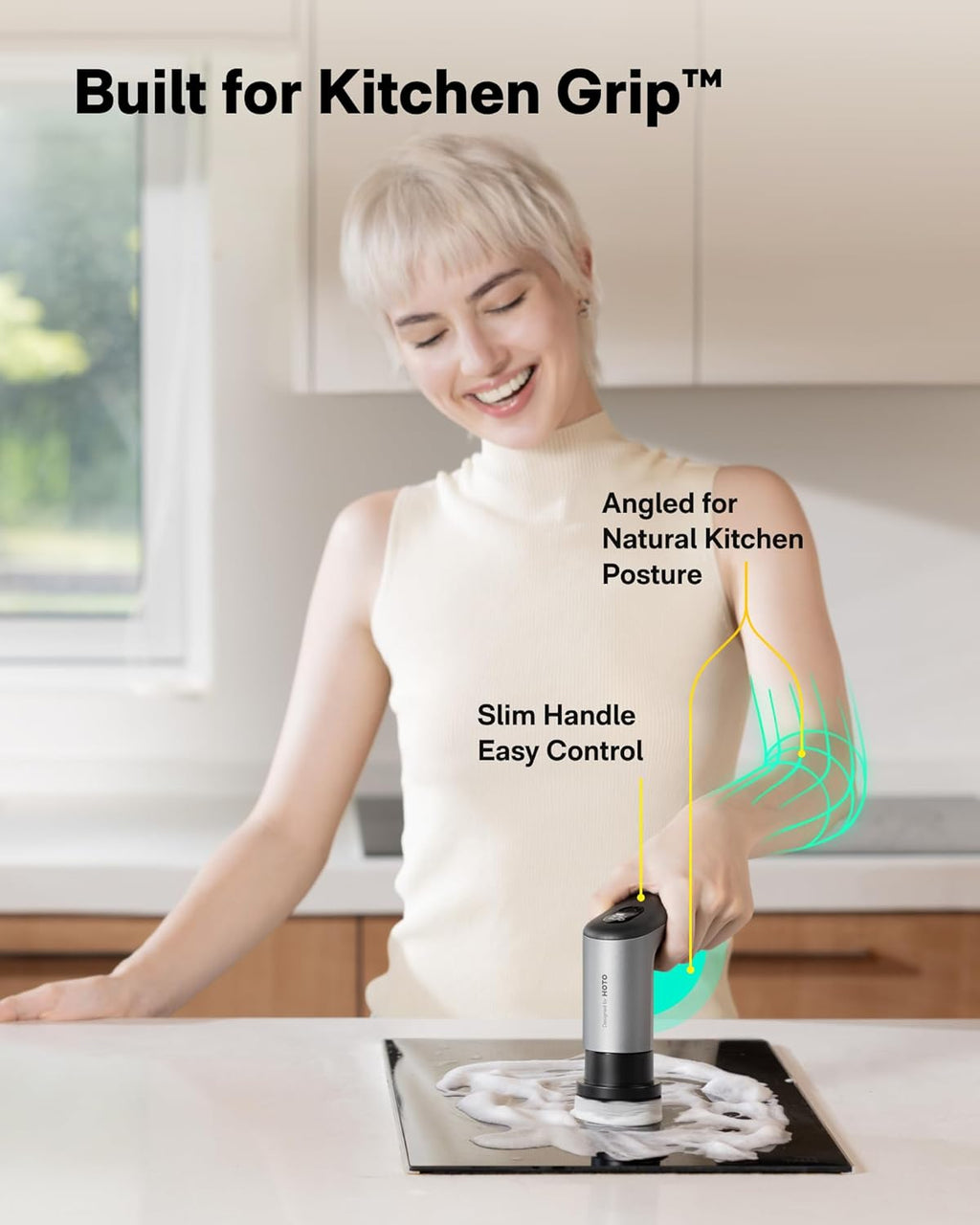 HOTO Grip™ Cordless Electric Spin Scrubber, IPX7 Waterproof, Lightweight at 0.65 lb with 6 Brush Heads, Powerful Cleaning Scrubber, for Bathroom, Kitchen, Tile, Shower