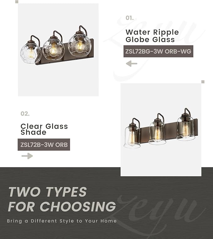 zeyu Bathroom Light Fixtures, 3-Light Bathroom Vanity Light, 20 Inch Modern Wall Sconces with Water Ripple Globe Shade, Oil Rubbed Bronze Finish, ZSL72BG-3W ORB-WG