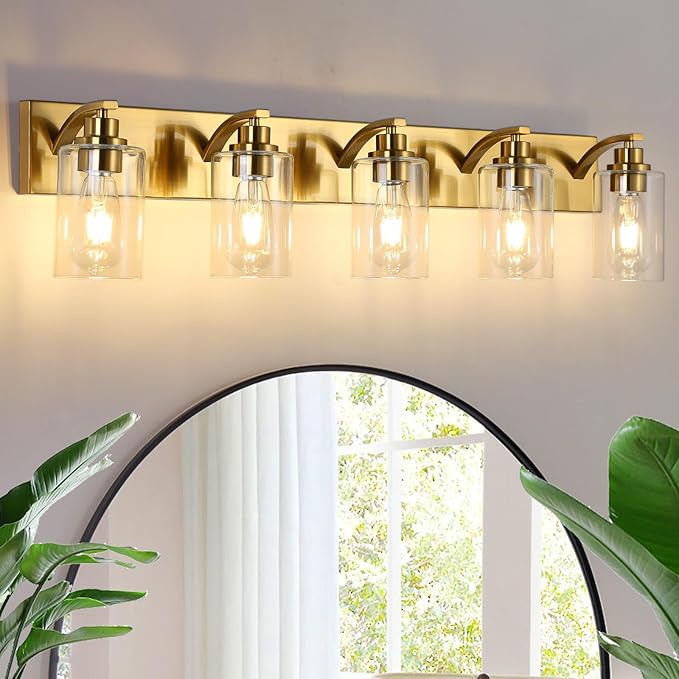 5-Light Bathroom Light Fixtures Modern Gold Vanity Lights for Bathroom Lighting Fixtures Over Mirror with Clear Glass Shade for Cabinet Mirror Bedroom Hallway