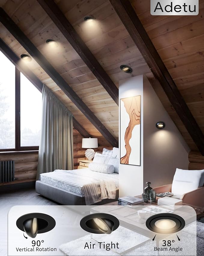 Adetu 3 Inch Gimbal Balck Led Recessed Lighting, 360°+90° Adjustable Directional Led Recessed Lights, 2700K/3000K/3500K/4000K/5000K Dimmable Retrofit Eyeball Can Lights with Jbox,ETL (Black, 12 Pack)