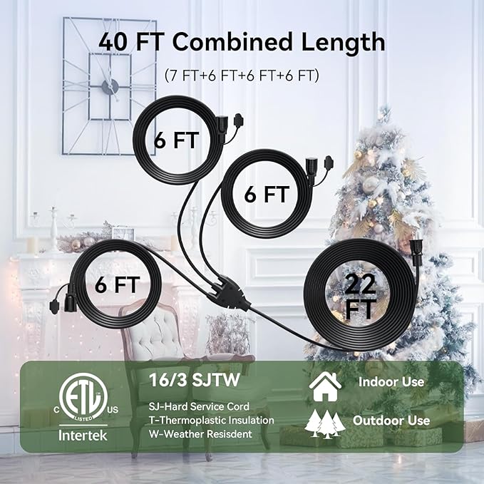 K KASONIC - 40 FT Halloween Lights Outdoor Extension Cord 1 to 3 Splitter, 3 Prong Outlets Plugs, 16AWG/3C SJTW Weatherproof Wire for Holiday Decoration Light, ETL Listed, Black