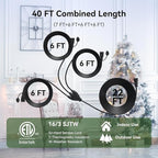 K KASONIC - 40 FT Halloween Lights Outdoor Extension Cord 1 to 3 Splitter, 3 Prong Outlets Plugs, 16AWG/3C SJTW Weatherproof Wire for Holiday Decoration Light, ETL Listed, Black