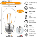 15 Pack Replacement Bulbs for String Lights, 2W S14 Shatterproof Waterproof LED Outdoor Light Bulbs, 2700K Soft White, E26 Base, AC120V, Not Dimmable