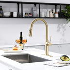 Kitchen Sink Faucets Brushed Gold, High-Arc Single Handle Kitchen Faucet with Pull Down Sprayer, Solid Brass Tall Kitchen Faucets