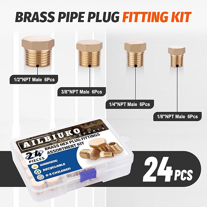 24 PCS Brass Hex Pipe Plug Fittings Kits 1/8" 1/4" 3/8" 1/2" NTP Brass Plug Male Threaded