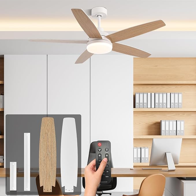 52 Inch Ceiling Fans with Lights, Remote Control 5 Blade Ceiling Fan for Bedroom Living Room Kitchen,24W 3CCT Dimmable, Dual Color 6 Speed Reversible Quiet DC Motor White/Wood Grain