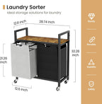 Laundry Hamper, Laundry Basket, Laundry Sorter with 2 Removable Bags, Clothes Basket with 2 Compartments, Wheels, Shelf for Laundry Room Bathroom Bedroom (2 Bags-Black Grey)