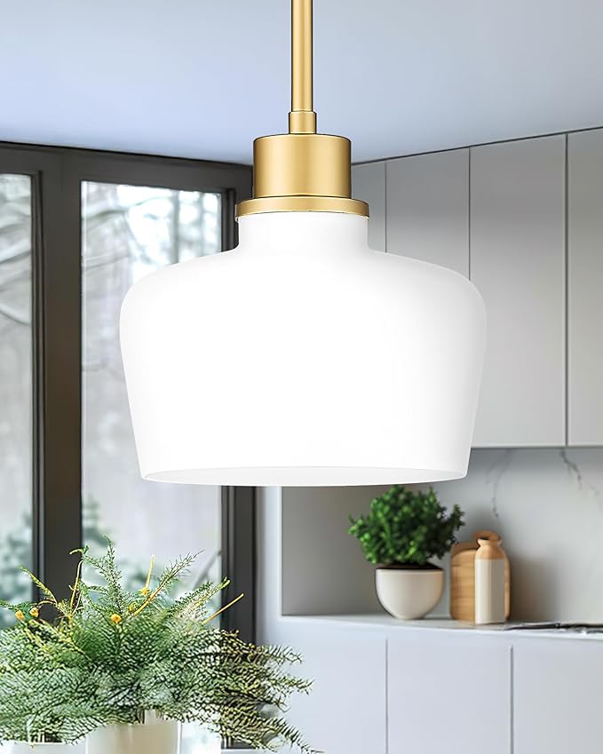Emak Gold Pendant Lights Kitchen Island, 10 Inch Large Pendant Light with Milk Glass Shade, Modern Hanging Light Fixture for Kitchen, Dining Room, PL126-GD-ML