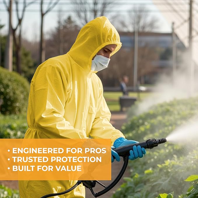 Tiger Tough Chemical Protection Coveralls, Yellow Disposable Hazmat Suit for Men & Women with Hood & Zipper