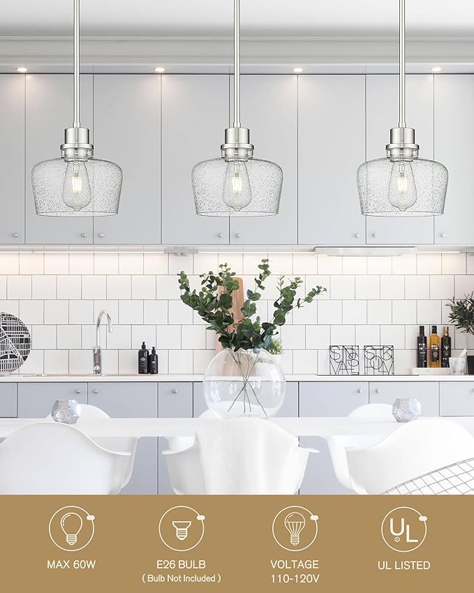 Emak 8 Inch Pendant Lights Kitchen Island, Modern Brushed Nickel Pendant Light Fixtures with Seeded Glass Shade, 1 Light Hanging Light for Kitchen Island, Dining Room, Bathroom, Bedroom, PL122-BN