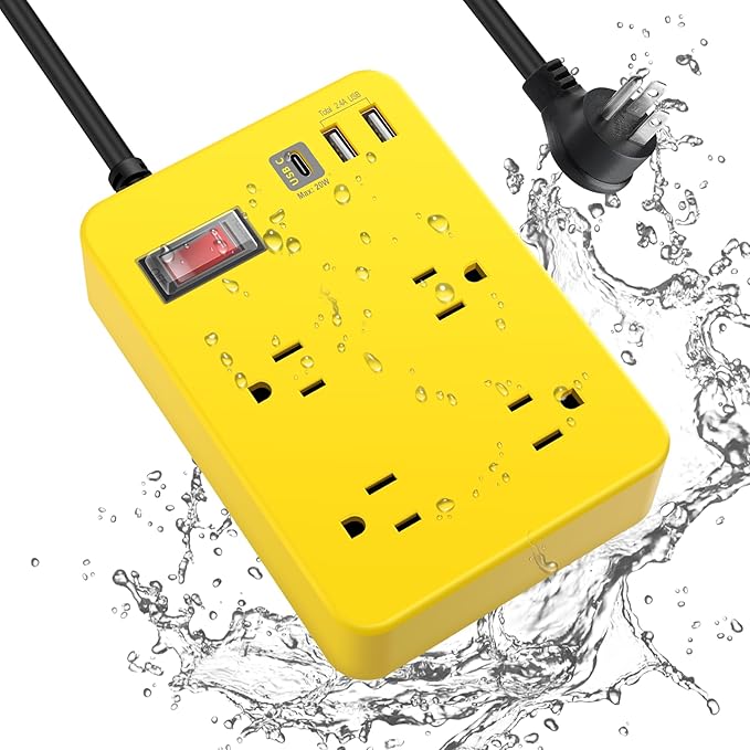 Outdoor Power Strip Weatherproof,Fast Charging Station 20W USB C,Waterproof Surge Protector 4 Outlets, Multi Outlet Extension for Camping, Garden, Kitchen,Bathroom,Flat Plug (Yellow, 6 FT Cable)