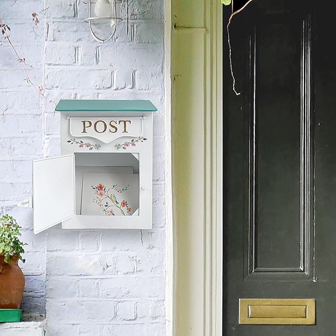 Mailbox Wall Mount Mailboxes for Outside Vintage Mail Boxes for House Outside Metal Drop Box Antique Style Nostalgic Charm Home Decorative, Flower Pattern, White