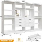 Unikito Closet System with Drawers, 100” Wood Closet Organizer with Hanging Rods and Mirror, Large Walk in Wardrobe Garment Rack with Adjustable Shelves, Sturdy Freestanding Closet Tower, White