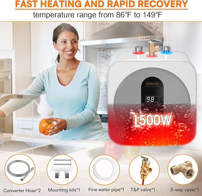 2.5 Gallon Mini Tank Water Heater,Under Sink Instant Hot Water with LED Display,1500W 120V Compact Design Small Water Heater for RV,Kitchen,with 1/2" NPT T&P Valve,3-Way Fitting Valve Grey