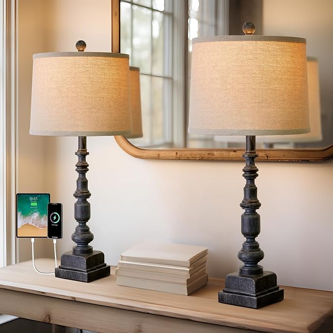 Oneach 27.75” Vintage Farmhouse USB A+C Table Lamps Set of 2 for Living Room Bedroom Traditional Bedside Nightstand Lamp Retro Resin Lamps Linen Shade Nightstand Home Office Antique Black Accent