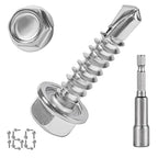 QSJ 160 PCS #8 x 3/4'' Sheet Metal Screws 410 Stainless Steel Hex Washer Head Fast Self Tapping Screws with Screwdriver