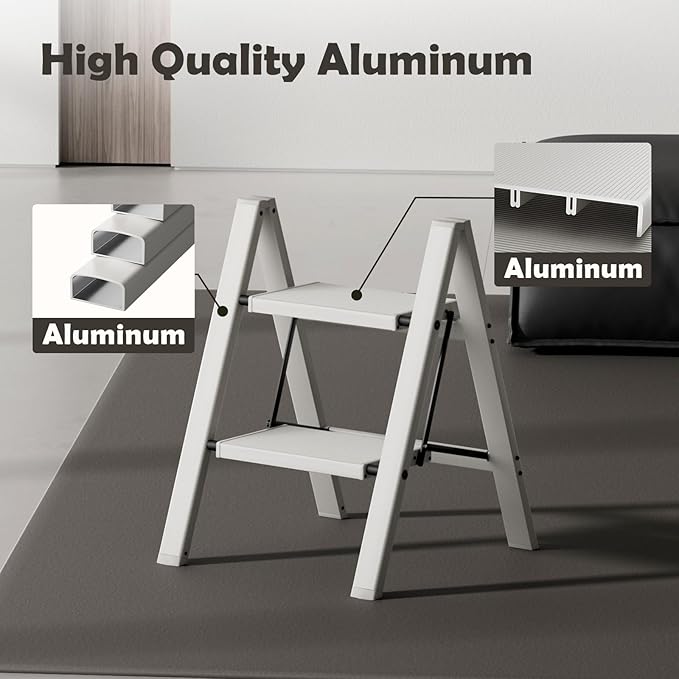 Taranta 2 Step Ladder,Aluminum Lightweight Folding 2 Step Stool with Anti-Slip Wide Pedal,330lbs Capacity Step Ladder for Household,Kitchen,Office - Misty Gray