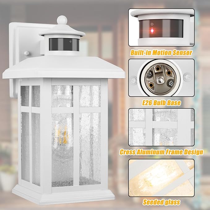 2 Packs Motion Sensor Outdoor Lights, Outside Light Fixtures for House White, Porch Lights Outdoor 2- Pack with E26 Sockets & Tempered Glass, Waterproof Exterior Wall Lights Motion Sensor