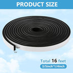 Weather Stripping Door Seal Strip (3/5 Inch X 1/4 Inch X 16Feet), Strong Adhesive, Lightproof, Soundproof, Weatherproof Foam Tape Insulation for Sliding Door, Front Door Frame, Windows- Black