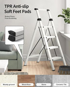 Taranta 4 Step Ladder, Lightweight Aluminum Step Stool with Convenient Handgrip, Folding Ladder with Anti-Slip Pedals, 330lbs Capacity Stepladder for Home, Office, Kitchen - White